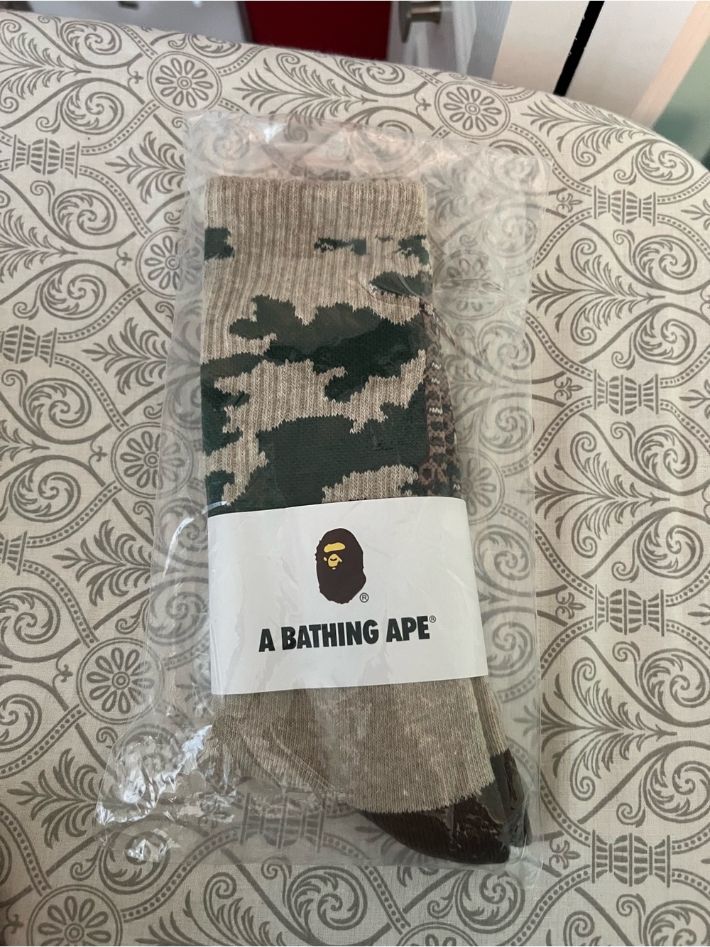 Bape Camouflage Crew Socks in Beige and Dark Green